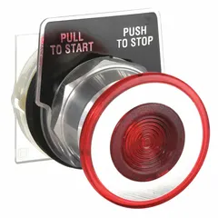 Red metallic mushroom-head push-button operator from the 9001K series. Features a 30 mm mounting size and maintained/momentary action. Suitable for industrial control panel applications requiring robust operator input for start, stop, or emergency-stop functions.