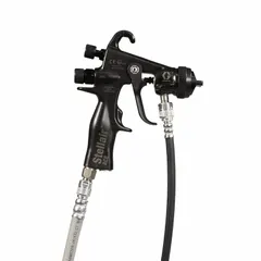 This GRACO HVLP spray gun is designed for applying enamels, epoxies, paints, and sealers. It features a 13-1/2 in spray pattern width, a 1/4 in NPSM air inlet, and consumes 8.1 scfm at 19 psi. The plastic body includes a 6 ft air hose. Suitable for medium-to-large surface coverage in industrial finishing, automotive refinishing, and woodworking applications.