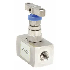 This Parker H Series needle valve features a 316 stainless steel straight body with integral bonnet and non-rotating stem. It has 1/4 inch NPT female connections on both ends and is C Certified for chemical media. Used for precise flow control in industrial piping systems handling corrosive fluids.