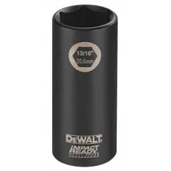 This DEWALT impact socket features a 1/2" drive size, 13/16" SAE socket size, 6-point deep configuration, and 3" overall length. The black phosphate finish provides corrosion resistance. It is designed for use with impact wrenches in fastening and loosening nuts and bolts in heavy-duty applications.