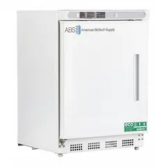 This undercounter lab refrigerator provides a 4.6 cu ft storage capacity with a temperature range of 1°C to 10°C, suitable for preserving biological samples, reagents, and pharmaceuticals. It features a white swing solid door with left-hand opening, a temperature alarm for content protection, and uses R-600a refrigerant. Overall depth is 24 1/2 inches.