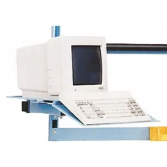 This articulating monitor arm is constructed from steel with a blue finish. It features a mounting bracket for secure attachment and provides a 14-inch overall depth. Suitable for positioning monitors and keyboards in industrial workstations and control rooms.