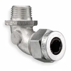 This 90° metallic cable grip secures and seals cord or liquid-tight flexible conduit at a box entry. Steel body with silver finish, 1/2 in MNPT connection, accepts 0.50 to 0.63 in cord diameter. Rated IP66 and Class III, Division 1 & 2 for hazardous locations with combustible fibers or flyings. Brown color-coded grommet indicates cord range.