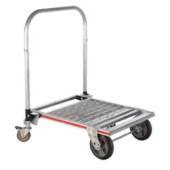 This aluminum-deck platform truck features a folding handle for compact storage and a 750 lb capacity. The deck measures 31 in L x 23-1/4 in W x 10 in H. It is equipped with two rigid polyurethane casters, 4 in diameter and 1-1/4 in wide, suitable for smooth rolling on hard floors in warehouses, factories, and distribution centers.