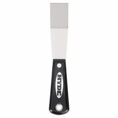 Standard scraper with a stiff, bent carbon steel blade and a nylon handle with plastic grip. Designed for applying and smoothing putty, filler, or spackle, as well as scraping surfaces in construction and maintenance tasks.