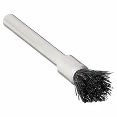 This WEILER miniature end brush features crimped horse hair fill for buffing and polishing all metals. With a 3/16 in diameter, 0.005 in fill diameter, and 1/8 in shank, it is suited for fine finishing, deburring, and surface preparation on intricate metal parts.