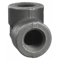 This threaded high-pressure pipe elbow is used to change direction in steel piping systems. It features 1 1/2 inch female NPT threaded connections on both ends and is rated for a maximum operating pressure of 1,500 psi at 150° F. Suitable for industrial applications such as hydraulics, pneumatics, and process lines
