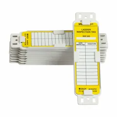 White/yellow rectangular plastic tag printed in English for indoor/outdoor use. Used to identify and track ladder inspection status, helping maintenance teams document inspection dates and results.