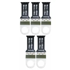 Bi-metal flush cutting blades for oscillating tools, 2 3/8 in overall length. Sold in a 5-pack. Suitable for cutting aluminum and other materials in tight spaces, common in metal fabrication and renovation work.