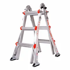 This LITTLE GIANT multifunction ladder is made of aluminum and weighs 32 lb. It supports a 300 lb load capacity and can be configured as a step ladder, extension ladder, stairway ladder, scaffold, trestle, or 90-degree ladder. Suitable for aircraft support and industrial maintenance tasks in hangars or facilities.