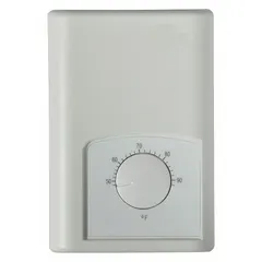 Wall-mount thermostat for electric wall and ceiling heaters. Mechanical selector dial adjusts temperature from 50° to 90°F. Operates on 0 to 10V DC with a contact rating of 0 to 10V AC. Includes wire leads for installation.
