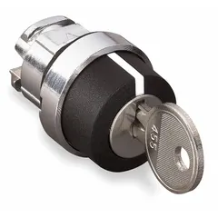 Panel-mounted key switch without contacts from the XB4 series. Features a 2-position maintained/momentary switch action with key removal in the left position. Designed for 22 mm panel mounting, suitable for industrial control applications requiring key-operated access.
