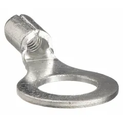 Non-insulated ring terminal with serrated barrel for secure conductor grip. Accepts 12 AWG to 10 AWG wire and 5/16 in stud size. Rated 2000 V. Suitable for power distribution and control panel wiring.