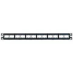 This 1-rack-unit, 24-port unshielded steel patch panel features front access and adhesive port labeling. It is unequipped, designed to accept Panduit Mini-Com modules (sold separately). Used for organizing and terminating copper cabling in network racks and telecom rooms.