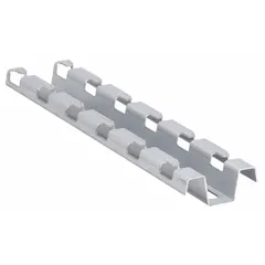 Steel profile support bracket for wire mesh cable trays, 12 inches wide with a zinc-plated finish. Designed for use with Cablofil cable trays. Includes a carrying case. Used in cable management systems to provide stable support for routing and securing electrical cables.