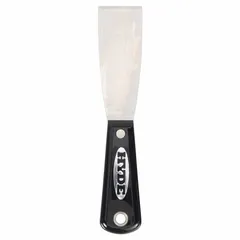 Standard scraper with a stiff, straight stainless steel blade and a nylon handle. Designed for applying and smoothing putty, spackle, or filler on surfaces. Suitable for general construction, drywall finishing, and painting preparation tasks.