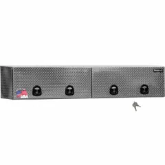 This topside truck box features double flip-up doors with a T-handle compression lid and keyed lock for secure storage. The silver finish resists corrosion. Suitable for organizing tools and equipment in service truck beds.