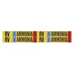 Ammonia adhesive pipe marker for industrial refrigeration systems. Identifies RV (relief valve) lines for VAP phase at high pressure. Fits pipe O.D. 3/4 to 2-3/8 in. Set of 4 markers without arrows.