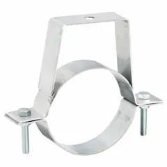 Steel duct hanger designed to support and secure round ducts with a 4-inch diameter in HVAC systems. Includes a two-piece hanger assembly. Measures 6 3/8 inches in length and 4 inches in width.