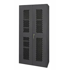 This industrial combination cabinet provides secure storage for tools, parts, and equipment in warehouses, factories, and maintenance facilities. It features a swing handle and keyed lock, five adjustable shelves, and a hanging rod for organized storage of both small and large items. Constructed with a 14 ga panel and gray frame, the cabinet measures 36 x 24 x 84 inches overall, with shelf dimensions of 35-3/4 x 21-3/8 inches.