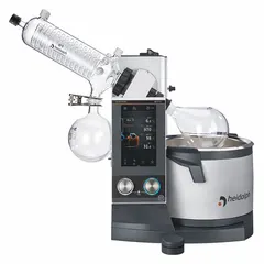 Manual lift rotary evaporator with 5 L capacity, speed range 10-280 RPM, and 1300 W heating power. Features a 7-inch touch display for controlling vacuum and cooling temperature. Includes G1 diagonal condenser and vacuum controller. Suitable for solvent removal in chemical synthesis and sample preparation.