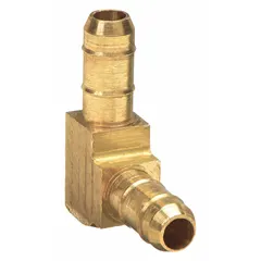 This brass barbed tube fitting elbow features a barbed x barbed configuration for connecting tubing in fluid systems. The rigid brass construction provides a secure joint for pneumatic or hydraulic lines. Suitable for general industrial applications requiring leak-resistant connections.