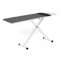 White ironing board with an overall length of 67 1/2 in. Includes Conex Heat Zone for targeted heat. Suitable for home and light commercial garment care, accommodating large items such as sheets