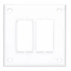 This 2-gang wall plate is designed for decorator-rocker switches. Constructed from polycarbonate/nylon, it provides a finished appearance and protects wiring. Suitable for residential and commercial installations.