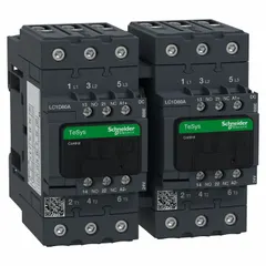 This reversing IEC contactor from Schneider is a 3-pole device rated at 66 A with a 24V DC coil and 3 normally open contacts. It includes integrated surge suppression. Used for controlling three-phase motors in applications requiring forward and reverse operation.