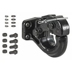 This pintle hook is constructed from steel with a powder-coated finish. It is used for heavy-duty towing applications, such as connecting trailers or equipment to vehicles equipped with a pintle hitch system. The hook has a 20,000 lb gross vehicle weight capacity.