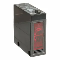 Rectangular photoelectric sensor from the OMRON E3JM series with a plastic body and terminal block electrical connection. It operates on dual supply voltages of 24-240V AC and 12-240V DC, and features an electromechanical relay output. Suitable for object detection in industrial automation, packaging, and material handling applications.