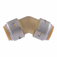 This 45° elbow fitting connects two 3/4 in OD tubes in push-to-connect style, made of brass. It is used in plumbing and fluid-handling systems for water, air, and non-corrosive fluids, requiring no soldering or tools