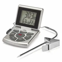 LCD combo probe thermometer, timer, and clock with plastic case and 4 3/4 in overall length. Includes temperature guide. Suitable for monitoring internal food temperatures and tracking cooking duration in commercial kitchens and food processing.