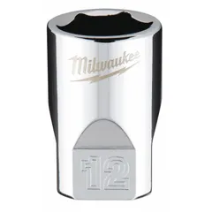 This 6-point standard-length chrome socket has a 1/4 in drive and 12 mm size. The anti-roll design prevents the socket from rolling on flat surfaces. Suitable for tightening or loosening metric hex fasteners in automotive repair, machinery maintenance, and general assembly tasks.