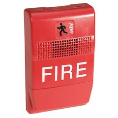 Red fire alarm horn operating at 24V DC. Produces a horn sound for audible alerting. Overall depth 13/16 in, overall width 2 3/4 in. Suitable for use in fire alarm systems in commercial and industrial facilities.
