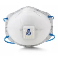 This P95-rated disposable respirator features a molded design with a metal nose clip and dual non-adjustable headstrap. It includes an exhalation valve and nuisance odor removal layer to reduce organic vapor smells. Suitable for protection against oil-based and non-oil-based particulates in industrial environments. Sold in a 10-pack of medium white masks