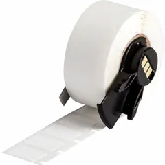 Precut nylon wraparound label with black-on-white printing, sized 3/4 in x 1/2 in, for permanent identification of wires and cables in industrial control panels, electrical cabinets, and data centers. Designed for 16 AWG to 10 AWG wire gauge. Compatible with BMP71 printer series; requires M61-R4310 ribbon.
