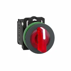 This 30 mm panel-mount illuminated selector switch from the XB5 series features a short-handled knob operator head with plastic construction. It offers three maintained positions (On/Off/On) with 1NO/1NC contacts, rated for AC 1.2 A @ 600 V and DC 0.27 A @ 250 V. Suitable for industrial control panels and machinery where a compact, illuminated selector with multiple maintained positions is required.