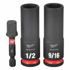 This 3-piece SAE impact socket set includes two 6-point sockets in 1/2 in and 9/16 in sizes with a 3/8 in drive. Designed for use with impact wrenches in high-torque fastening and loosening applications. Features a friction retention mechanism to securely hold sockets on the anvil.
