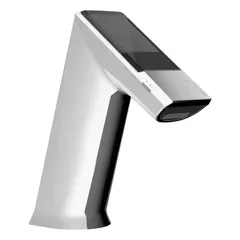 Cast zinc construction with chrome finish. Single-post design with solar-powered sensor and back-check tee. Includes (4) AA alkaline batteries for backup power. Suitable for commercial restroom applications requiring touch-free operation.