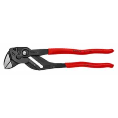 Flat-jaw tongue and groove pliers with push-button adjustment and smooth jaws. Overall length 11 3/4 in, maximum jaw opening 2 1/2 in. Used for gripping and turning fasteners in plumbing, electrical, and mechanical applications where a mar-free grip is required.