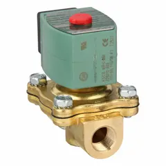 This REDHAT solenoid valve is a 2-way, 2-position, normally closed type designed for on/off control of fluid flow. It features a high-flow design and operates at 120V AC (also rated 110V AC). The valve has a 3/8 in pipe size and is suitable for use with water, air, and light oil systems requiring reliable shut-off when de-energized.