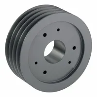 Cast-iron wedge V-belt pulley with 4 grooves, 12.5 in outside diameter, and 12.5 in pitch diameter for 8V belt section. Bushed bore type F accommodates 8V or 8VX belt sections. Used in industrial power transmission systems for driving heavy machinery such as compressors, pumps, and conveyors