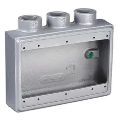 This rectangular iron weatherproof electrical box from Appleton Electric has a 40 cubic inch capacity and 3 gangs. It features a 3/4 inch hub and is finished in gray. Suitable for outdoor or wet-location installations requiring a rugged enclosure for electrical connections.