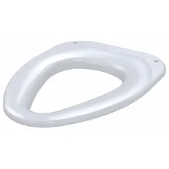 Standard toilet seat for institutional toilets, white finish. Overall width 14 3/4 inches, overall height 1 1/2 inches. Suitable for commercial and public restroom applications.