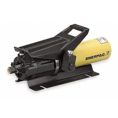 Air-operated hydraulic pump unit with maximum operating pressure of 10,000 psi and 36 cu in reservoir capacity. Features foot/hand control and Hold function for maintaining pressure. Designed for foot mounting, suitable for powering single-acting hydraulic cylinders and tools.