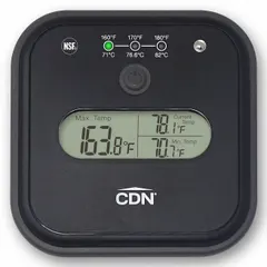 This LCD dishwasher thermometer is designed to monitor and verify sanitization temperatures in commercial dishwashers. It features last maximum temperature recall and is NSF certified. The polycarbonate case provides durability, and accuracy is ±0.9 °F or ±0.5 °C.