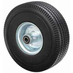 This flat-free polyurethane foam wheel features a steel core and a 4.10/3.50-4 tire sidewall. With a 10-inch diameter and 3-inch width, it supports a load capacity of 350 lb. Suitable for material handling equipment such as carts and dollies in industrial environments.