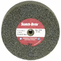 This SCOTCH-BRITE DP-UW unitized wheel is 3 inches in diameter and 3/4 inch wide, with a 1/4 inch arbor hole. It features a ceramic, medium-grade (6) abrasive for cool-cutting light deburring and finishing on all materials. Suitable for removing burrs, blending surface imperfections, and creating consistent finishes on metal, plastic, and composites without excessive heat generation
