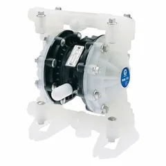 This GRACO air-operated double-diaphragm pump features a polypropylene housing with 1/2 in NPT connections and delivers up to 15 gpm. It is equipped with a Buna-N diaphragm, PP seat, and Buna-N check valves, making it suitable for transferring water-based chemicals, oils, and mild solvents in industrial fluid handling applications.